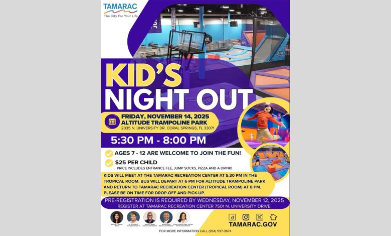 Parents in Tamarac will soon be able to relax while their kids have a great, action-packed night. The Parks and Recreation Department of the city is encouraging youngsters aged 7 to 12 to come to the next Kid’s Night Out program on Friday, November 14, 2025
