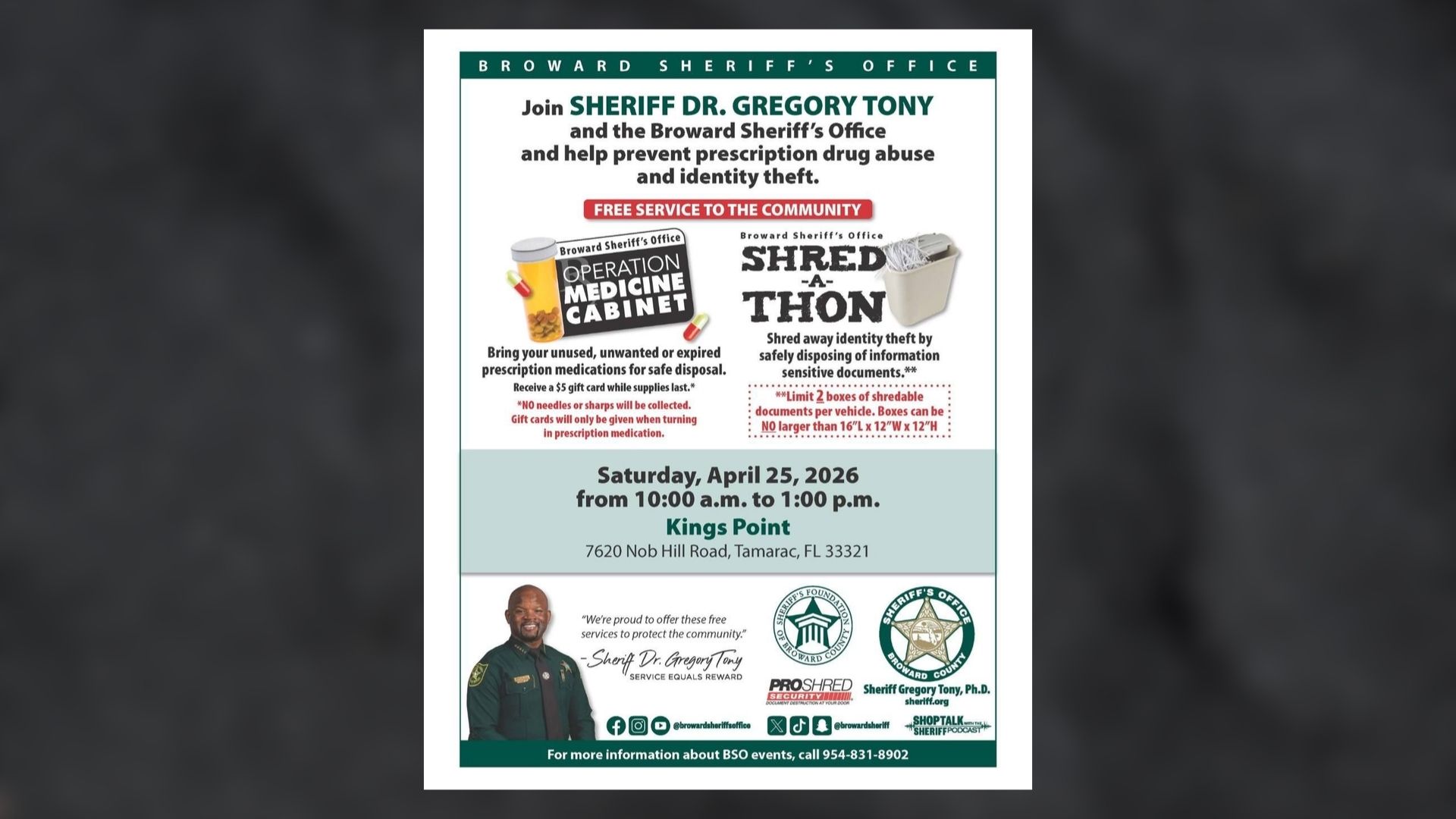 Spring cleaning season in Tamarac will come with a practical community benefit this year, as the Broward Sheriff’s Office prepares to bring back its Shred-a-thon and Operation Medicine Cabinet event on Saturday, April 25, 2026.