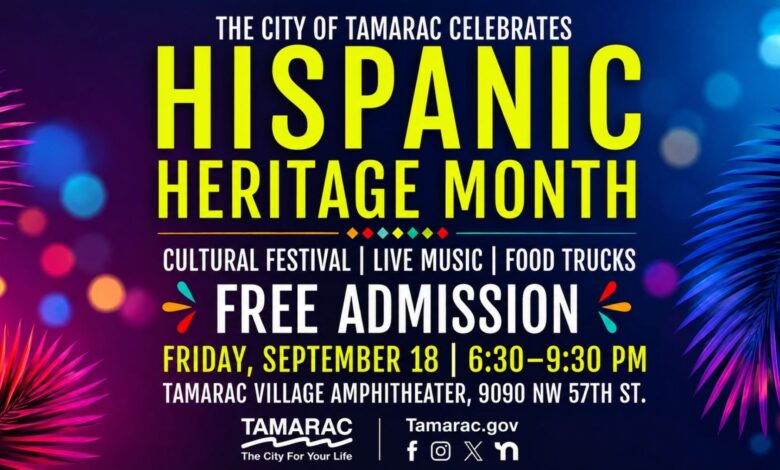 The City of Tamarac will host its Hispanic Heritage Month Celebration on Friday, September 18, from 6:30 to 9:30 p.m. Admission is free, giving families and friends a chance to enjoy an evening built around music, food and community.
